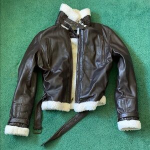 Women's 100% Real Leather Brown Bomber Jacket with Shearling Lining
